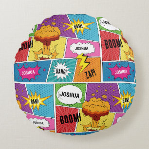 Farbiges Comic Personalisierter Name Pop Art Rundes Kissen