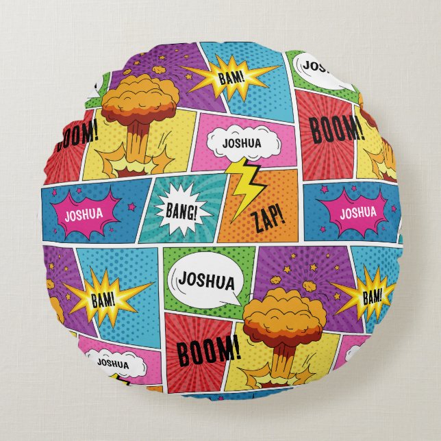 Farbiges Comic Personalisierter Name Pop Art Rundes Kissen (Vorderseite)