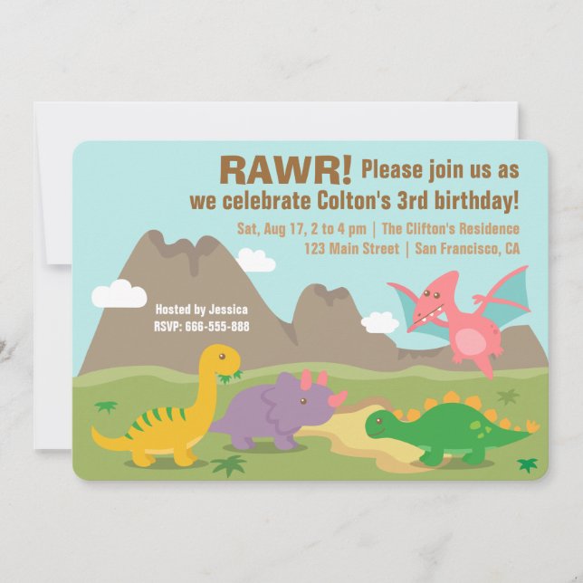 Farbiges Dinosaurier-Kindergeburtstag-Party Einladung (Vorderseite)