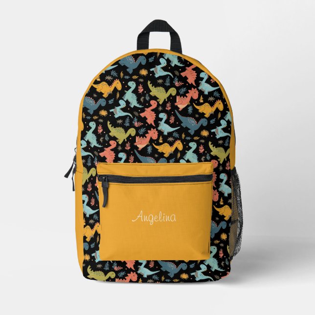 Farbiges Dinosaurier-Muster, gelb, schwarzer Name Bedruckter Rucksack (Vorderseite)