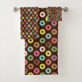 Farbiges Donut Muster in Schokolade Badhandtuch Set