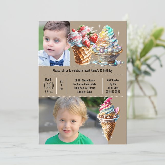Farbiges Eis Süßigkeiten im Sommer DIY Foto Kinder Einladung (Stehend Vorderseite)