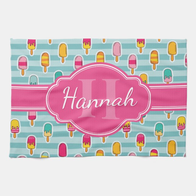 Farbiges Eismuster mit rosafarbenem Monogramm, Pop Geschirrtuch (Horizontal)