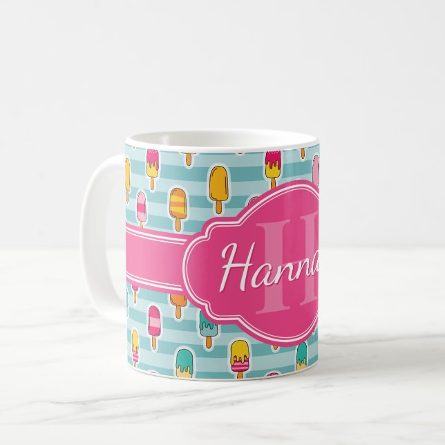 Farbiges Eismuster mit rosafarbenem Monogramm, Pop Kaffeetasse (Vorderseite Links)