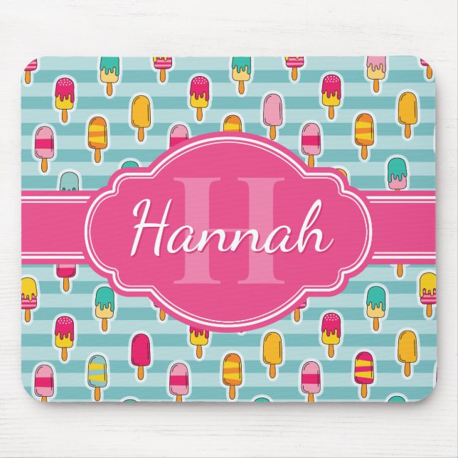 Farbiges Eismuster mit rosafarbenem Monogramm, Pop Mousepad (Vorne)