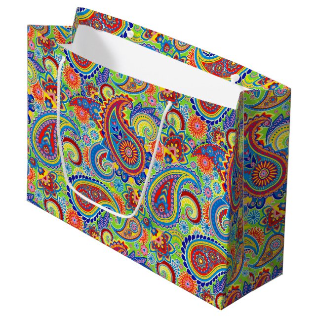 Farbiges Ethnisch-Paisley-Musterpapier Große Geschenktüte (Vorderseite Schrägansicht)