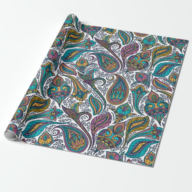 Farbiges ethnisches Paisley-Muster Geschenkpapier (Ungerollt)