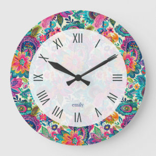 Farbiges ethnisches Paisley-Muster Große Wanduhr