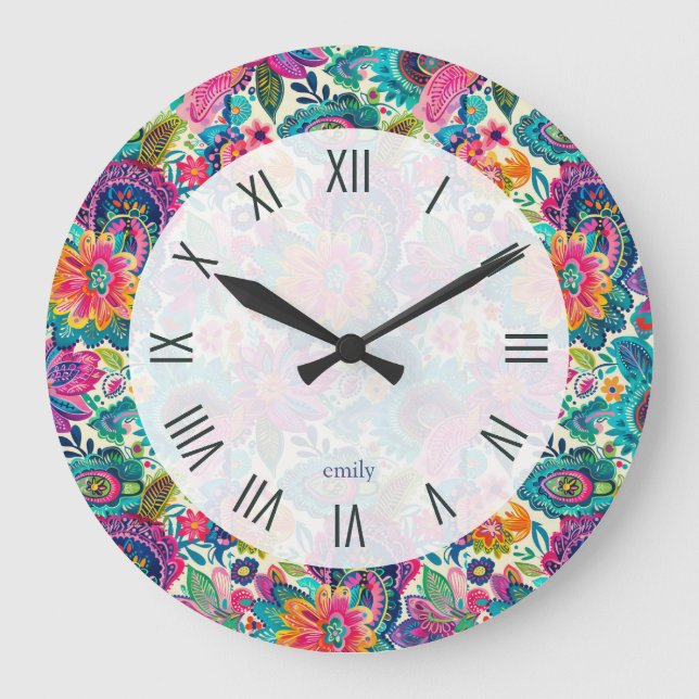 Farbiges ethnisches Paisley-Muster Große Wanduhr (Vorderseite)