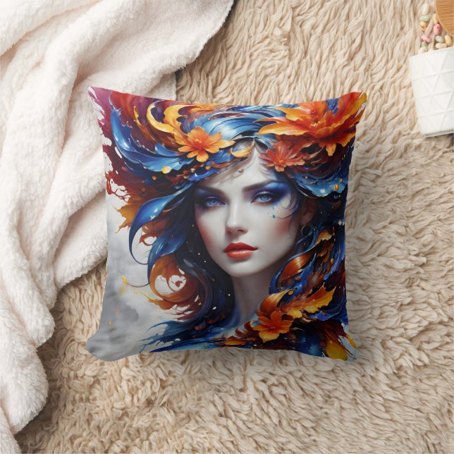 Farbiges Fantasieportrait einer Frau mit Blume Kissen (Decke)
