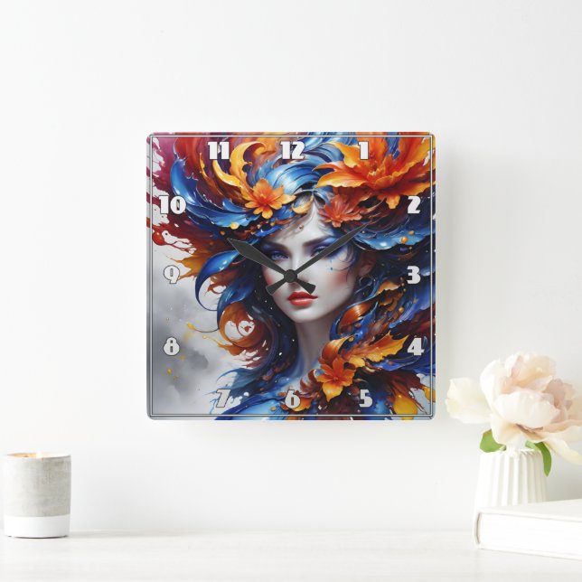 Farbiges Fantasieportrait einer Frau mit Blume Quadratische Wanduhr (Zuhause)