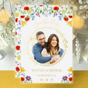 Farbiges Foto Goldfolie Save the Date weiß Folieneinladung