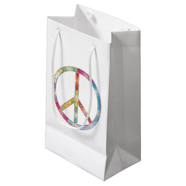 Farbiges Friedenszeichen Kleine Geschenktüte (Vorderseite Schrägansicht)