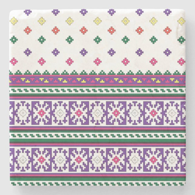 Farbiges geometrisches Folkloredesign mit Blume Steinuntersetzer (Vorderseite)