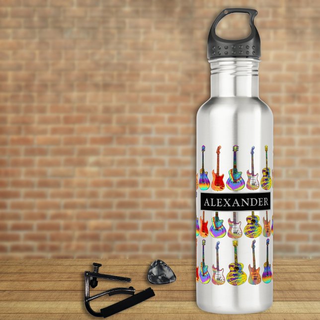 farbiges Gitarrenmuster hinzufügen Name Edelstahlflasche (Colorful guitar pattern personalized add name water bottle funky psychedelic guitars for guitarists )
