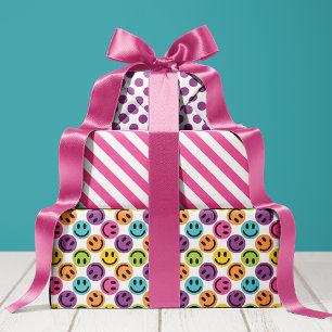 Farbiges glückliches Gesicht Streifen und Punkte Geschenkpapier Set