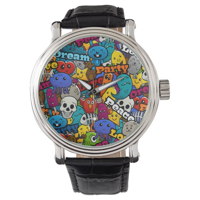 Farbiges Graffiti-Zeichen-Muster Armbanduhr (Vorderseite)