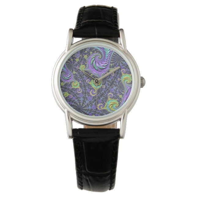 Farbiges Groovy Boho Hippie Funky Abstrakt Fraktal Armbanduhr (Vorderseite)