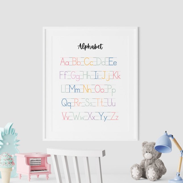 Farbiges handgeschriebenes Alphabet-Lehrplakat Poster (Colorful Handwritten Alphabet Educational Poster on the wall in white frame.)