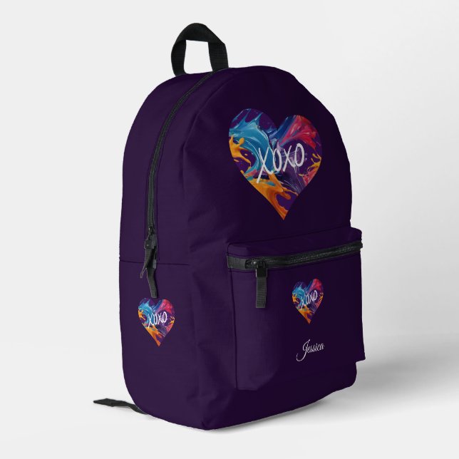Farbiges Herz XOXO-Lila Bedruckter Rucksack (Rückseitige Ecke links)