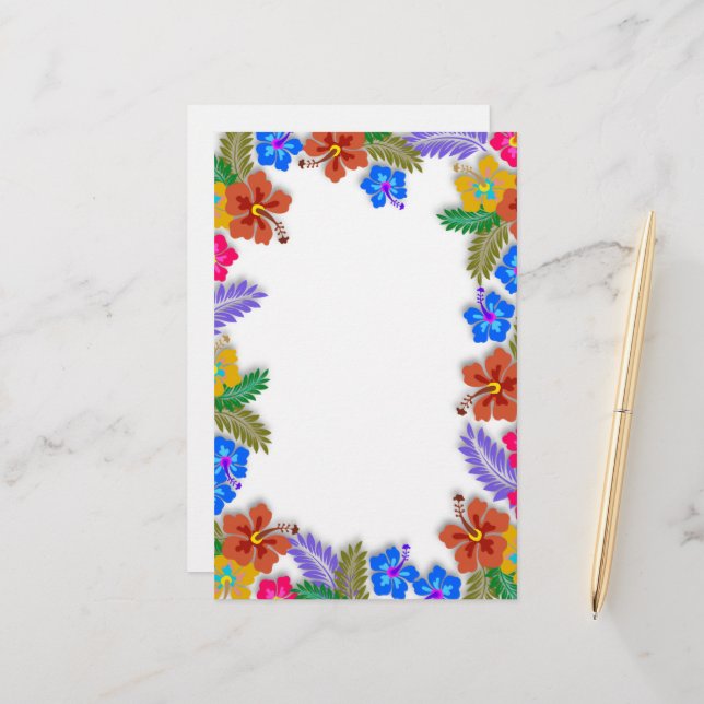 Farbiges Hibiskus Garden Border Blank White Paper Briefpapier (Vorderseite/Rückseite Beispiel)