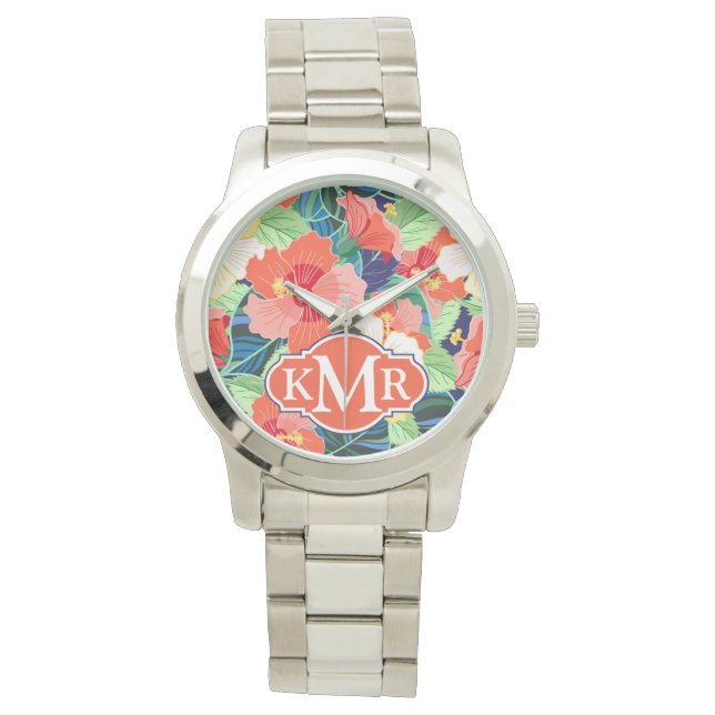 Farbiges Hibiskus Muster | Monogramm Armbanduhr (Vorderseite)