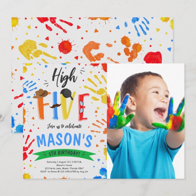 Farbiges High Five Birthday Foto Einladung (Vorne/Hinten)