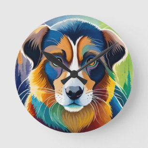 Farbiges Hundegesicht nah Runde Wanduhr
