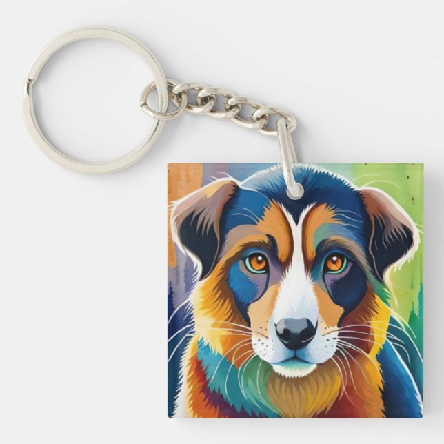Farbiges Hundegesicht nah Schlüsselanhänger (Vorderseite)