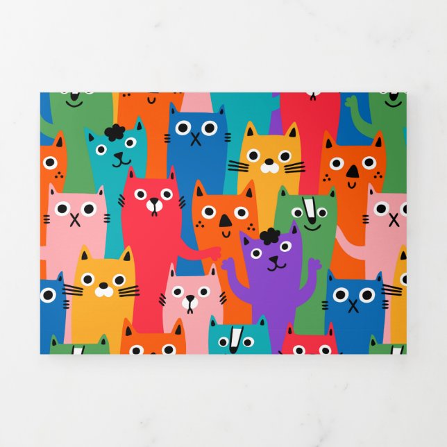 Farbiges Katzen Muster Dreifach Gefaltete Einladung (Cover)
