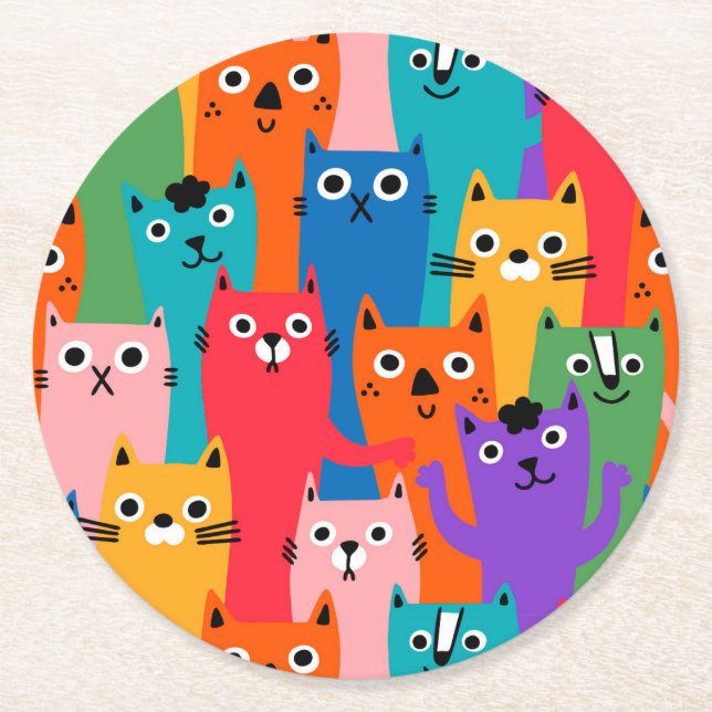 Farbiges Katzen Muster Runder Pappuntersetzer (Vorderseite)