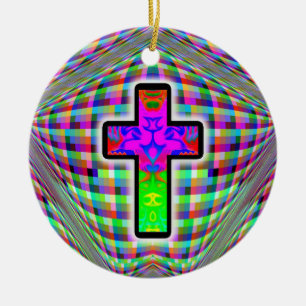 Farbiges Kreuz auf einem magischen Hintergrund Keramik Ornament