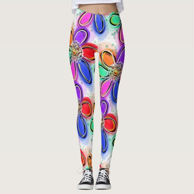 Farbiges Künstlerisches Blumenmuster Leggings (Vorderseite)