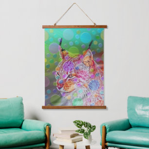 Farbiges Lynx-Portrait, abstrakte Kunst Wandteppich Mit Holzrahmen