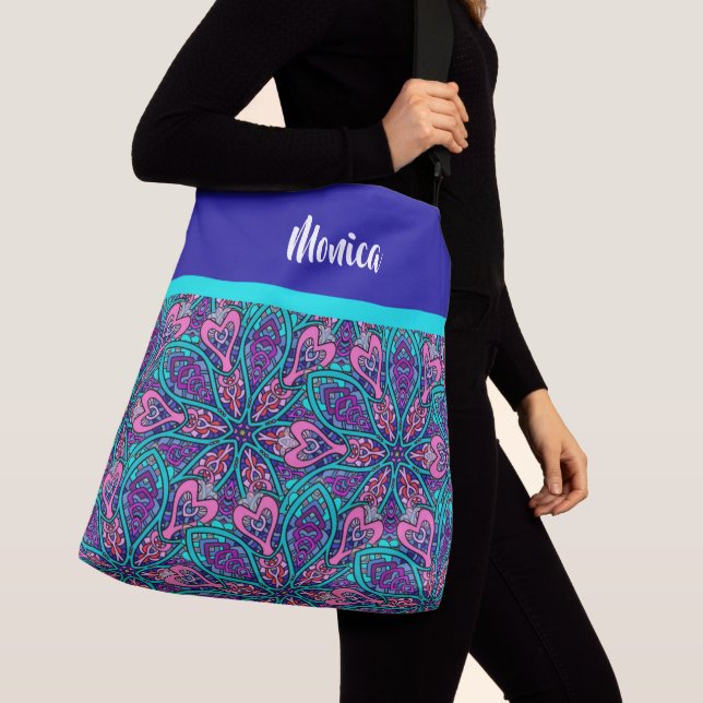 Farbiges Mandala Design, Lila Pink Aqua Tragetaschen Mit Langen Trägern (Von Nahem)