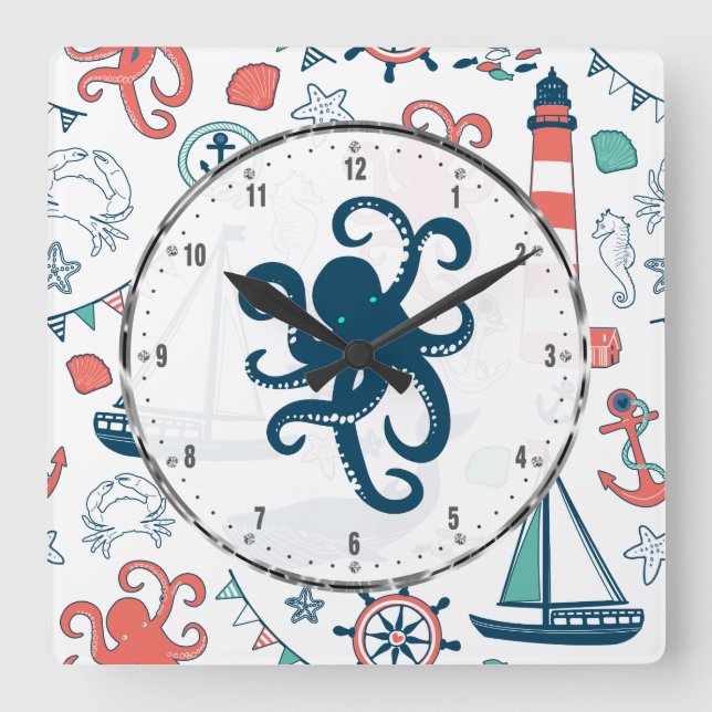 Farbiges Meeresleben mit Niedlichem Oktopus Quadratische Wanduhr (Vorderseite)