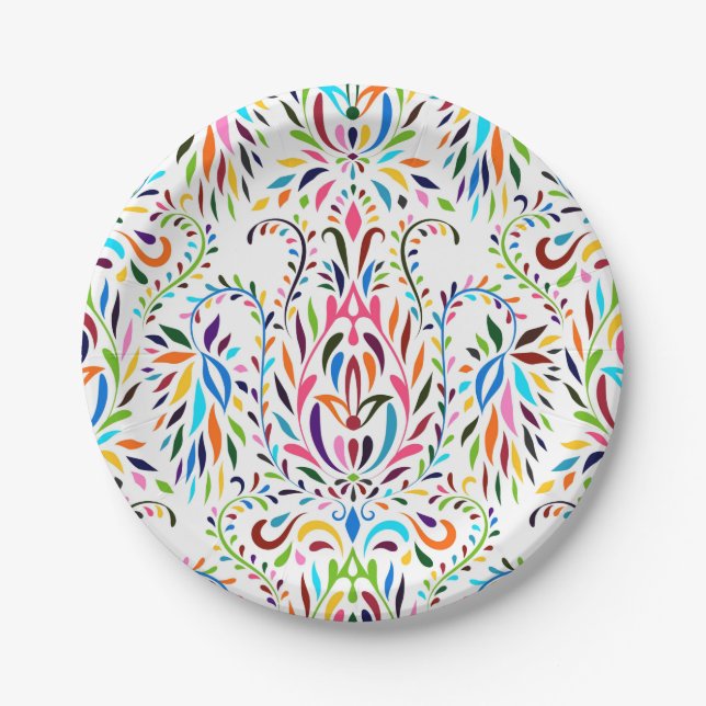 Farbiges mexikanisches Otomi-Floral-Muster Pappteller (Vorderseite)