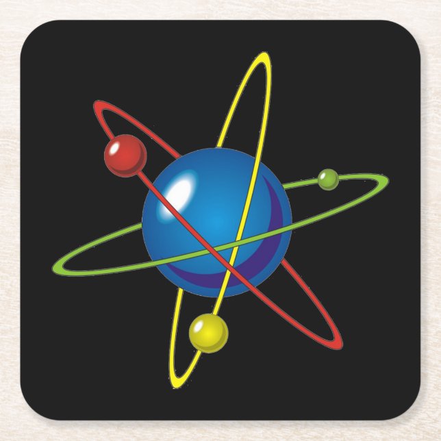 Farbiges Modell des Atom Rechteckiger Pappuntersetzer (Vorderseite)