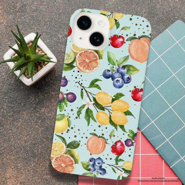 Farbiges modernes Vintages Fruchtmuster Blau iPhone 14 Hülle (Cute modern vintage citrus and fruit pattern in blue background for her.)