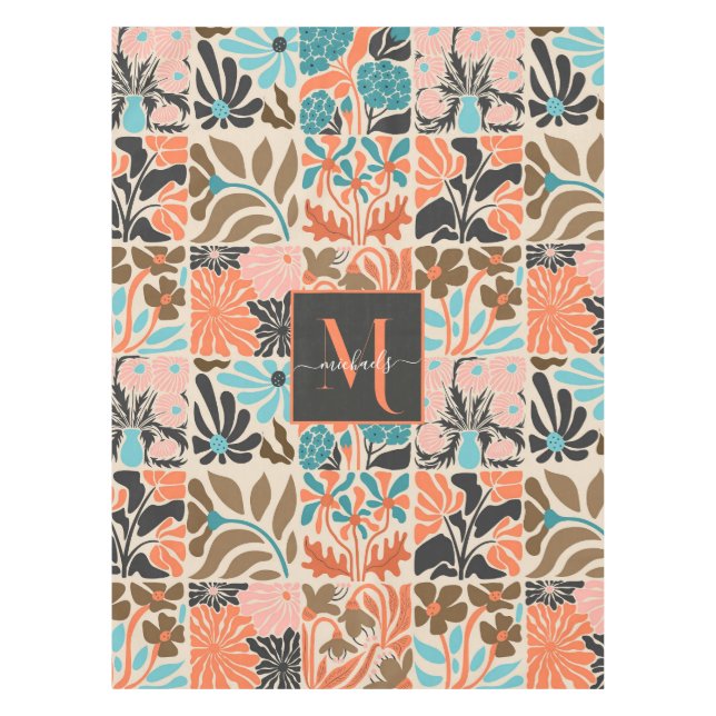 Farbiges Monogram Script Retro Blumenmuster Tischdecke (Vorderseite)
