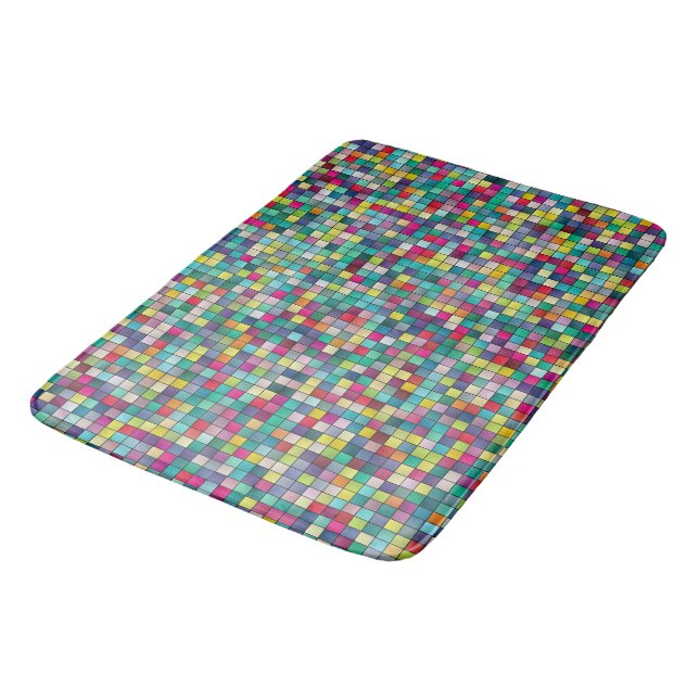 Farbiges Mosaik, geometrisches Quadrat-Muster Badematte (Schrägansicht)