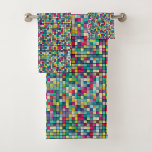 Farbiges Mosaik, geometrisches Quadrat-Muster Badhandtuch Set