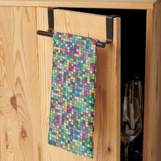 Farbiges Mosaik, geometrisches Quadrat-Muster Geschirrtuch (Drittel gefaltet)