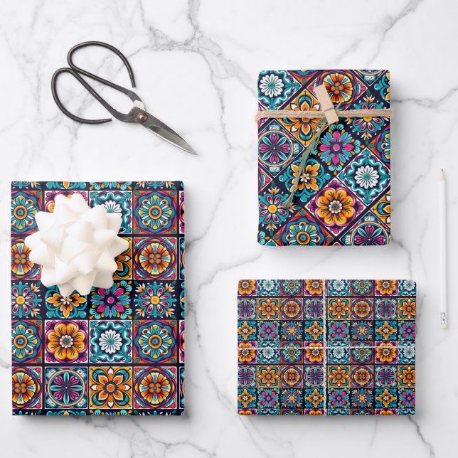 Farbiges Mosaikfliesen-Design mit Blume 16 Geschenkpapier Set (Vorderseite)