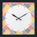 Farbiges Muster der modernen Geometrie Quadratische Wanduhr<br><div class="desc">Die farbenfrohe moderne geometrische Musteruhr zeichnet sich durch ein farbenfrohes,  modernes geometrisches Muster aus. Von Evco Studio entworfen www.zazzle.com/store/evcostudio</div>