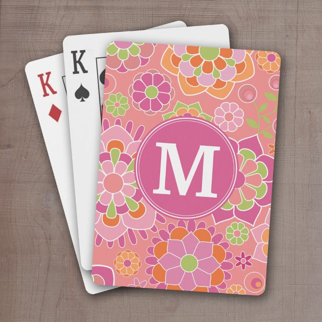 Farbiges Muster für die Blütenpracht Spielkarten (Personalize this set of playing cards with a monogram and funky pink flowers)