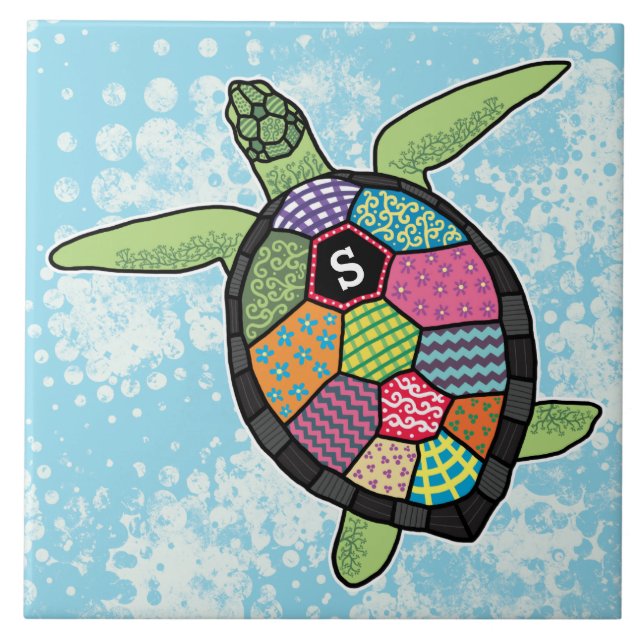 Farbiges Muster Monogram Sea Turtle Fliese (Vorderseite)