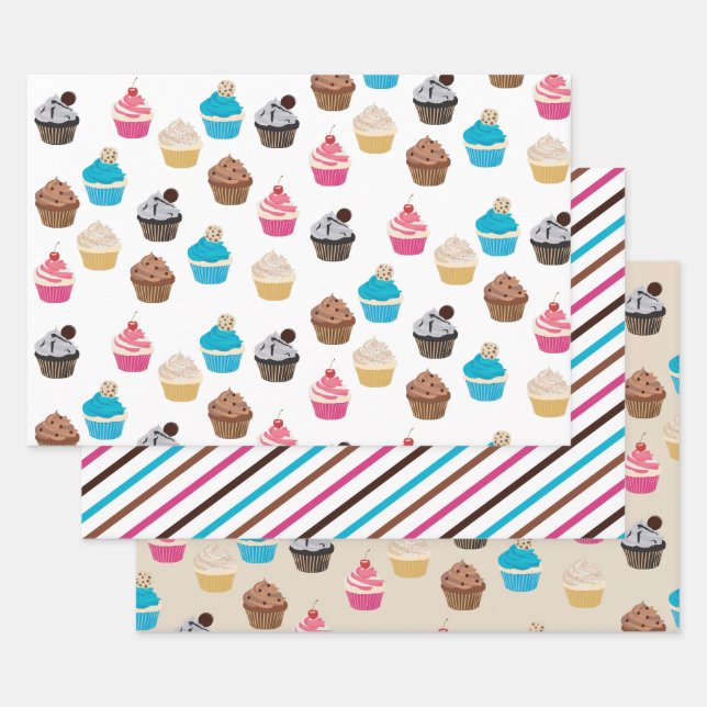 Farbiges Niedliches Cupcakes-Muster Geschenkpapier Set (Set)