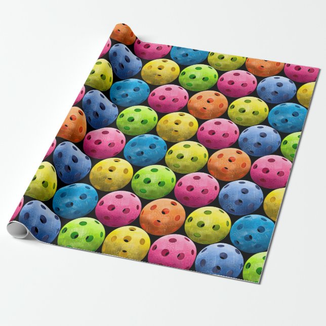 Farbiges Pickleball-Muster im schwarzen Hintergrun Geschenkpapier (Ungerollt)