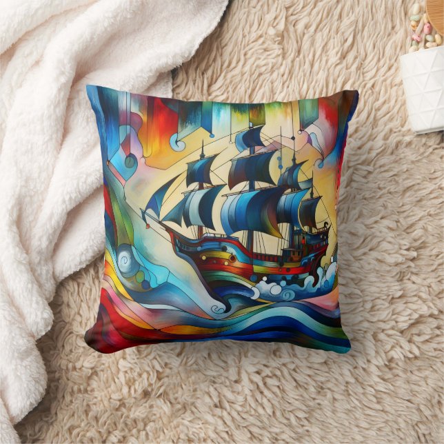 Farbiges Piratenschiff in Abstrakten Wellen Kissen (Decke)